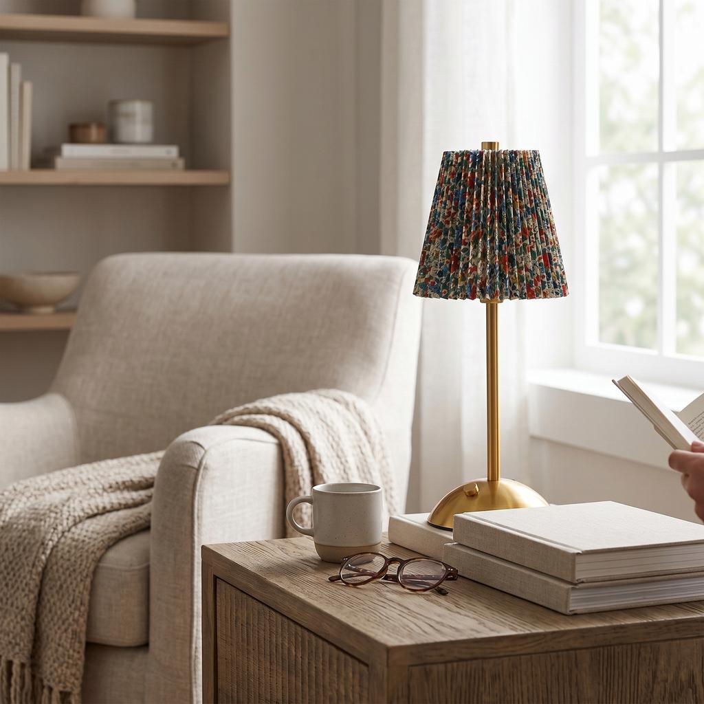 Pleated Table Lamp Cordless Rechargeable Battery Operated Nightstand Lamp with Flowers Lampshade for Bedroom Living