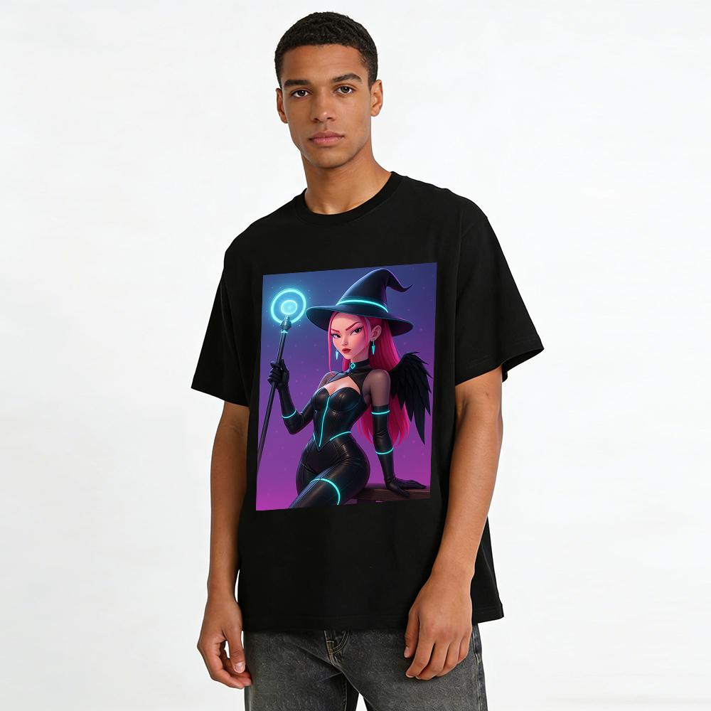 Cyberpunk Dark Witch Print Top Futuristic Fluorescent Element Trendy Casual T-Shirt Pure Cotton T-shirt