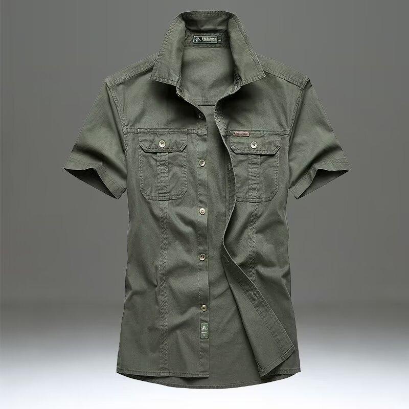 Men Multi Pockets Tooling Shirts Summer Short Sleeve Shirts High Quality Men Cotton Casual Shirts Size 5XL