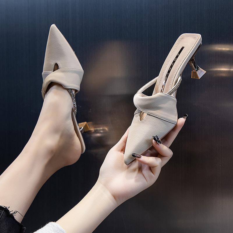 2025 New Summer Semi-drag High Heels Temperament Pointed Sandals Women's Stiletto Mid-heeled Slippers Women's Fashion Women's Shoes