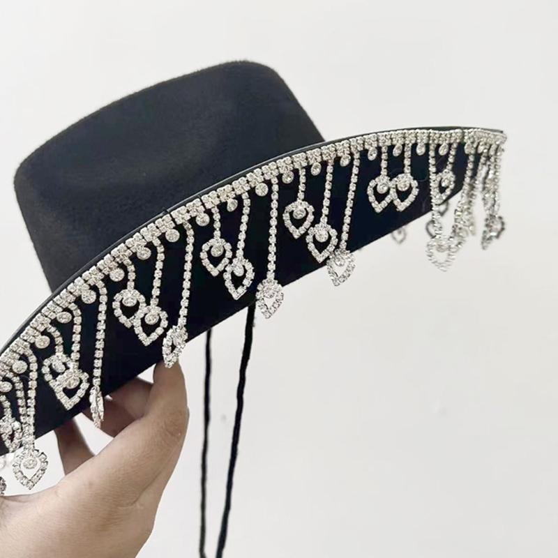 Glänzender Sommer-Cowgirl-Hut mit Herz-Strass-Fransen für Hochzeiten
