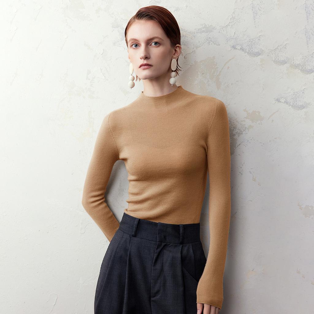 Women's Solid Color Mock Neck Long Sleeve Knit Top Slim Fit Base Layer