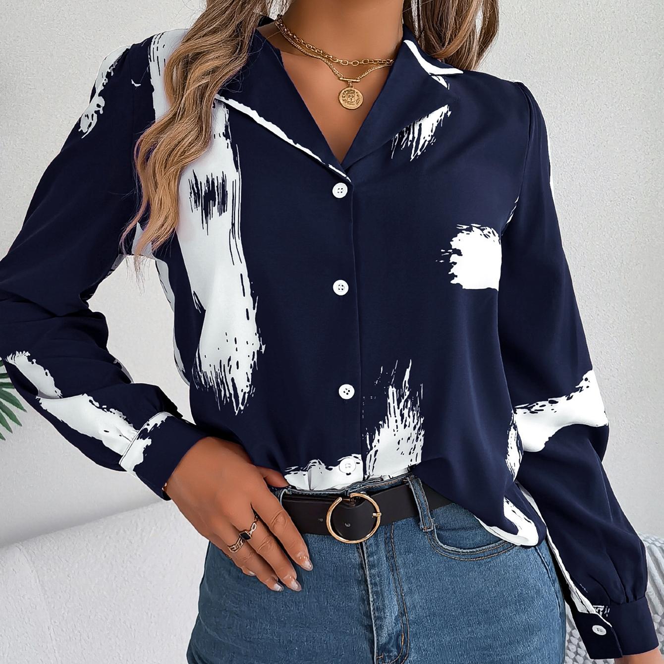 

GMXIA Женские модные повседневные летние блузки и рубашки с воротником и длинными рукавами в полоску с принтом XL синий