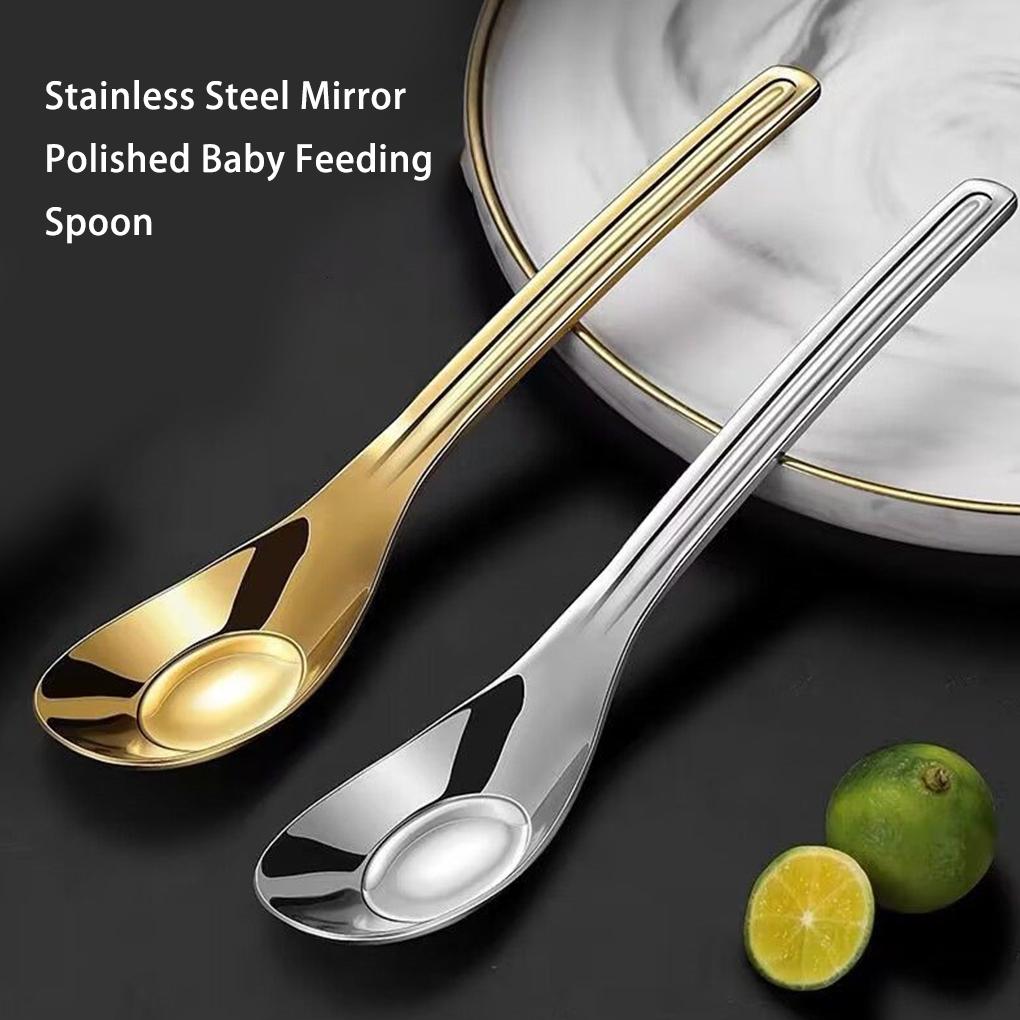 Baby Feeding Spoon Mirror Polished Washable Anti-rust Smooth Solid Color Nonslip Handle Kitchen Soup Porridge Scoop Tool