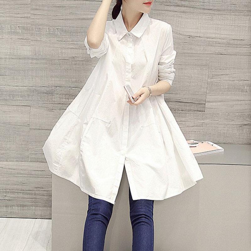 Women's Long White Shirt Spring/Autumn New Korean Large Loose Long Sleeve Shirt