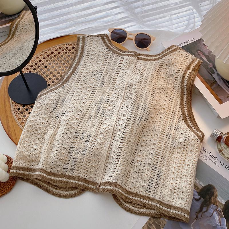 Retro Heklet Hul Ut V-hals Vest Dame Koreansk Broderi Mote Enkeltspent Ermeløs Vest Fransk Casual Overbekledning Topper