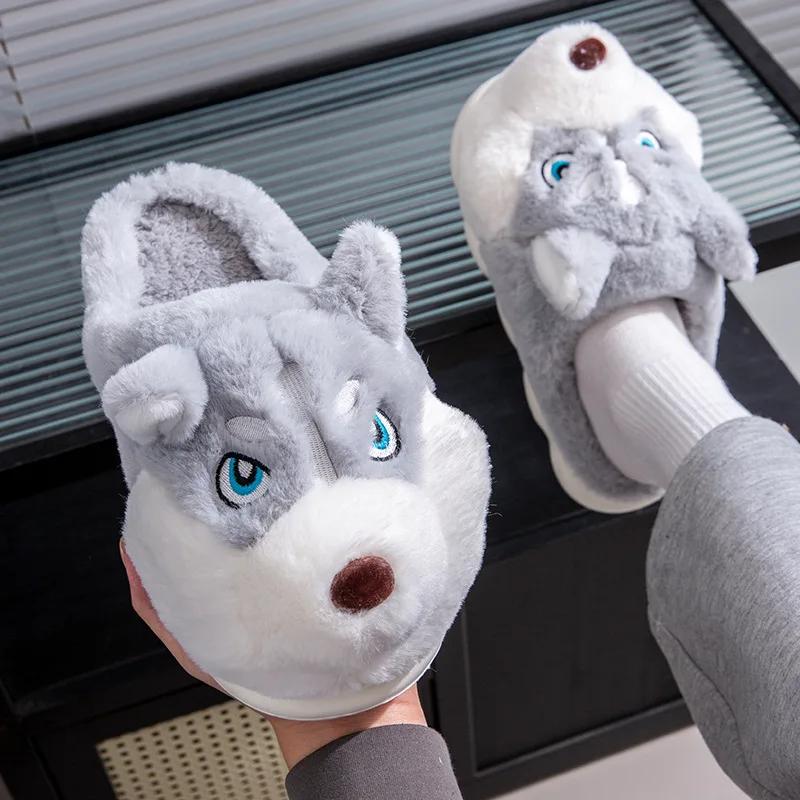 Fashion Women Indoor Cotton Slippers Cute Cartoon Dog Winter Warm Shoes Couples Home Floor Slides Anti-slip  Female Male House Footwear