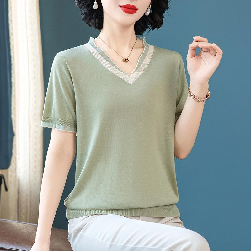 

2026 Women s V-Neck Mulberry Silk & Tencel Short-Sleeved Knit Top - Summer Ice Silk, Mother s New Style 3XL (for 120-135 jin) зелёный
