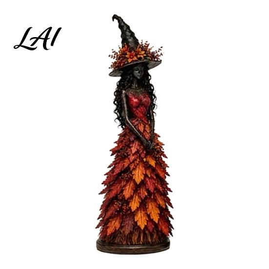 Statue Decorative per Caminetto da Interno Statuetta Strega Autunnale Halloween Statuetta da Tavolo Autunnale con Foglia Decorazione Spettrale per Feste Abito Stagionale Resina