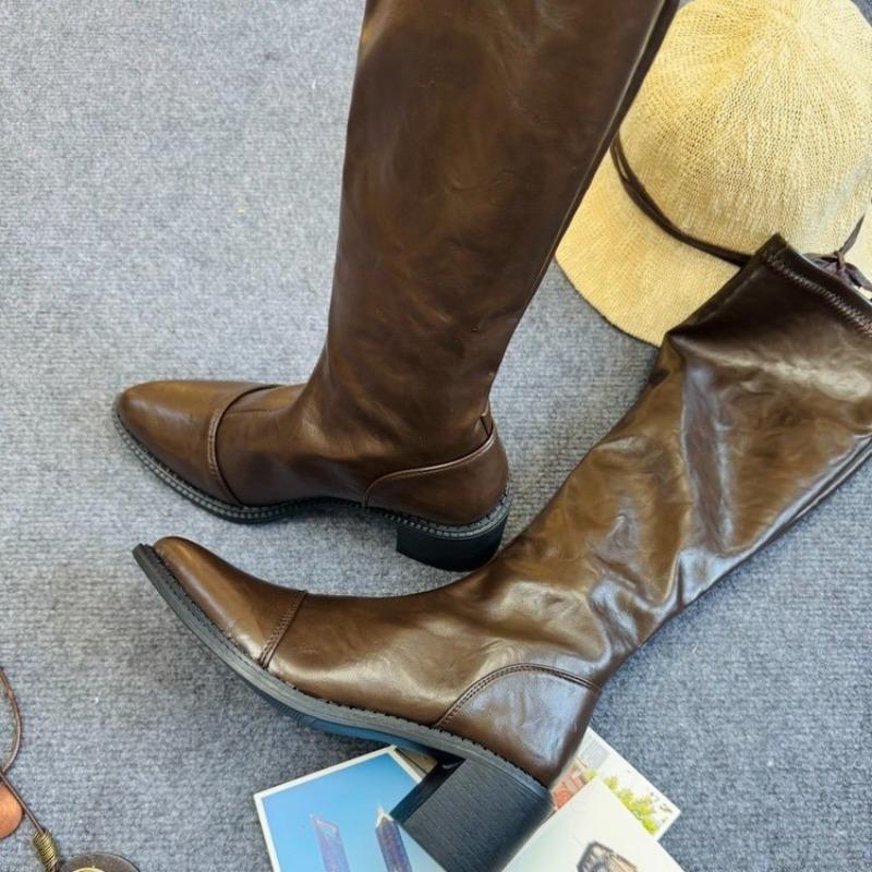 Fashion French Mid-leg Boots Women's 2025 Spring and Fall New Retro Fashion Versatile Chunky Heel High Heel Pointed Toe Skinny Boots