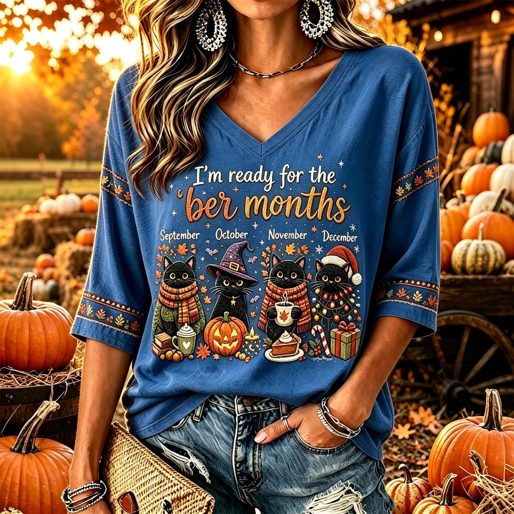 Women's Casual Thanksgiving Print V-Neck Long Sleeve Pullover Top for Fall and Winter