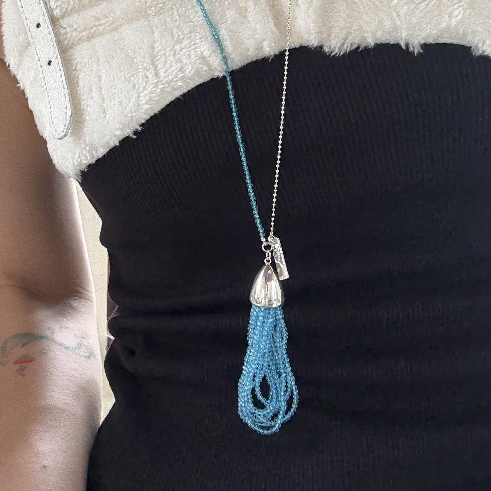 

Luxury Crystal Beaded Tassel Necklace Korean Style Water Drop Pendant Necklace Girls синий