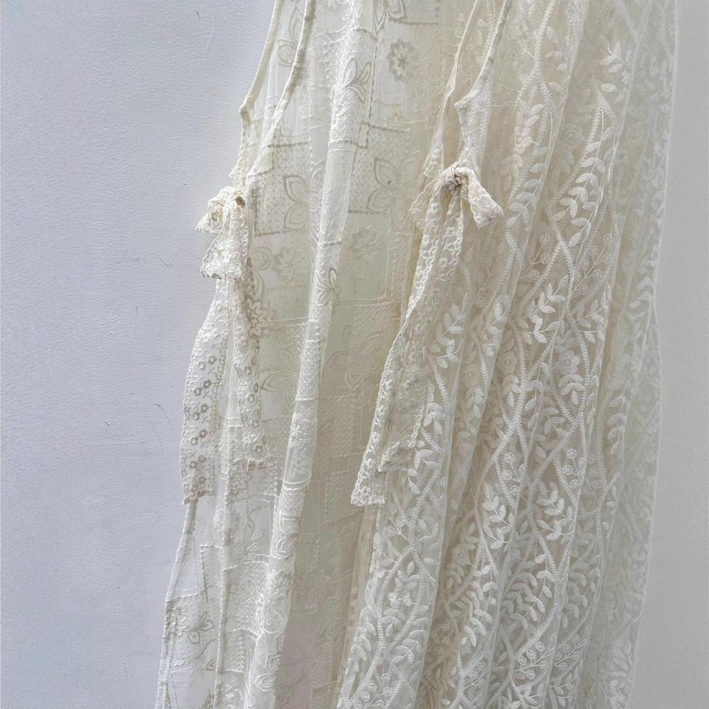 Mori Girl Embroidered Lace-Up Mesh Vest Dress