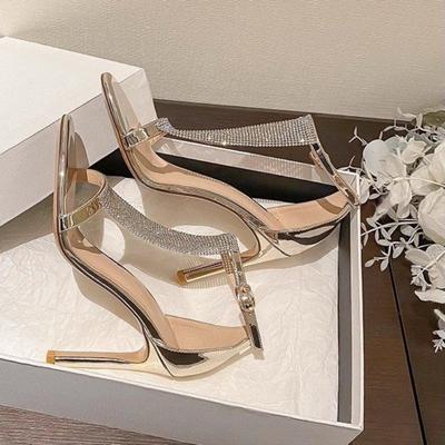 Fashion Summer New High Heels with A Line with Rhinestone High Heel Sandals Round Head Stiletto Women's Shoes