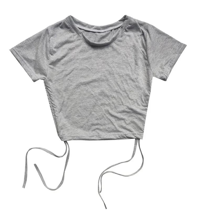 Sexy Drawstring Tie Bare Midriff Slim Tank Top Women Short Sleeves Bottoming Crop Tops Camisetas Mujer