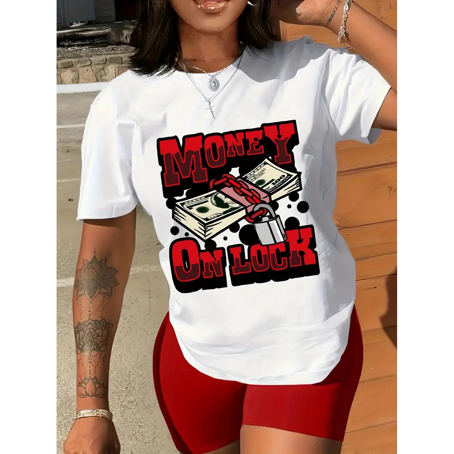 

Dollar& Letter Print Crew Neck T-Shirt Casual Short Sleeve T-Shirt for Spring& Summer Women S Clothing XXXXXL білий