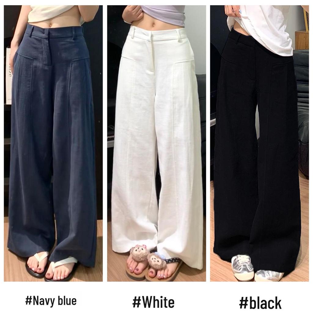 Petite XS Women’s Navy Blue Straight-Leg Wide-Leg Suit Pants, Old Money Style, Spring & Autumn, 145cm Length