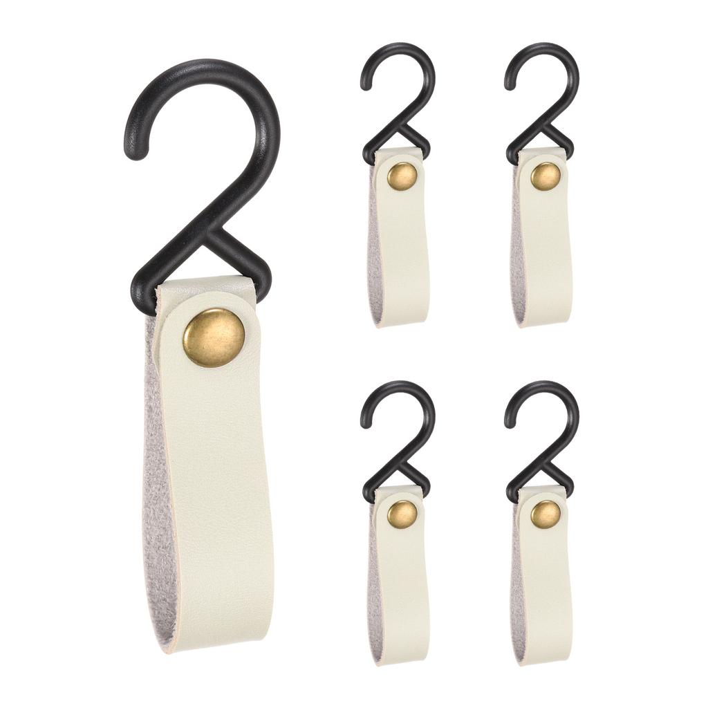 5pcs PU Leather Hooks, Leather Straps with Hooks, S-Shape Hooks for Outdoor Camping Kitchen Bathroom Hanging Pots Pans Utensils