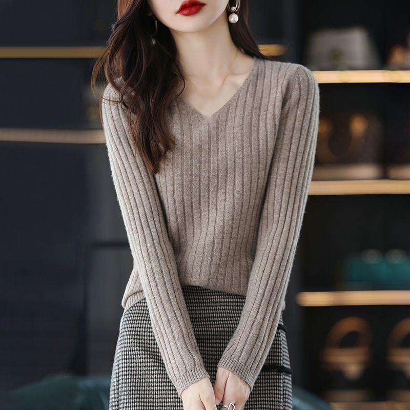 WTEMPO Warm Long Sleeve Knitted V-neck Pullovers Women's Autumn Winter Solid Color Slim Casual Versatile Bottoming Sweaters
