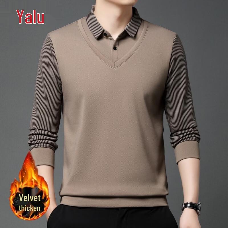 Yalu Men's Faux Two-Piece Fleece-Lined Shirt-Collar Sweater