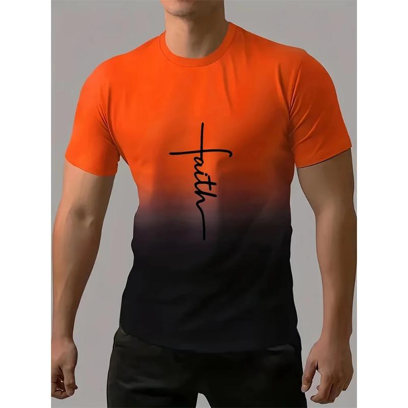 Men's Casual T Shirt Splicing Color Novelty Faith 3D Cross Symbol Printing Retro Summer Daily Top Shirt