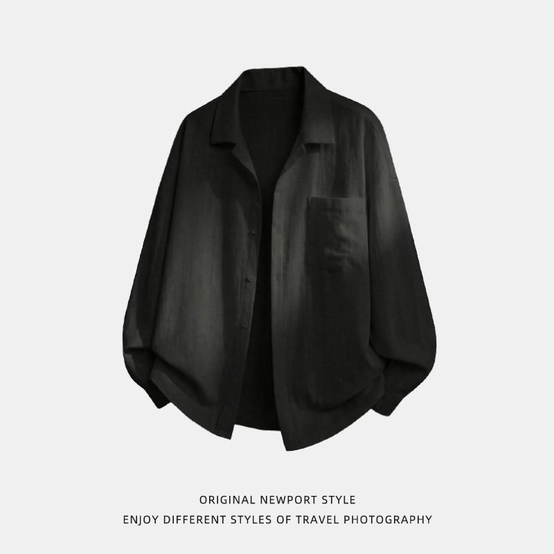 New long-sleeved shirt for men, spring style, textured slightly wrinkled linen feel shirt, simple drapey jacket