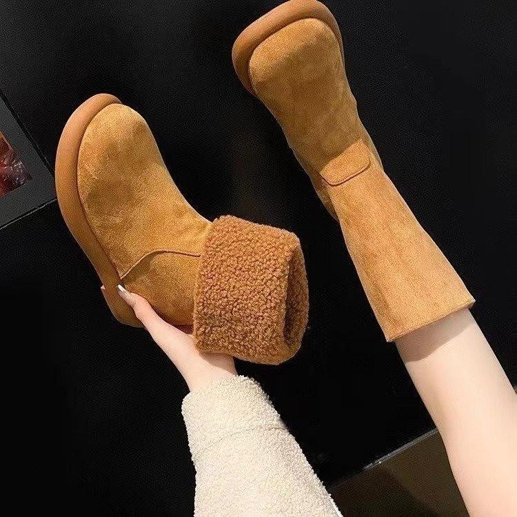 Pure leather two wear flanged flat heel medium boots women's winter plush snow boots warm cotton boots