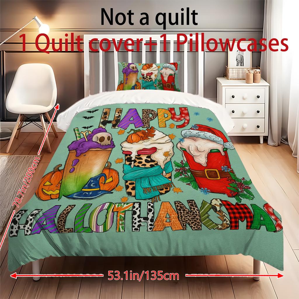 Duvet Cover Printed With Christmas Decoration Super Soft Brushed Microfiber Double Bed Comfortable Set With Zipper Closure And 2 Pillowcases