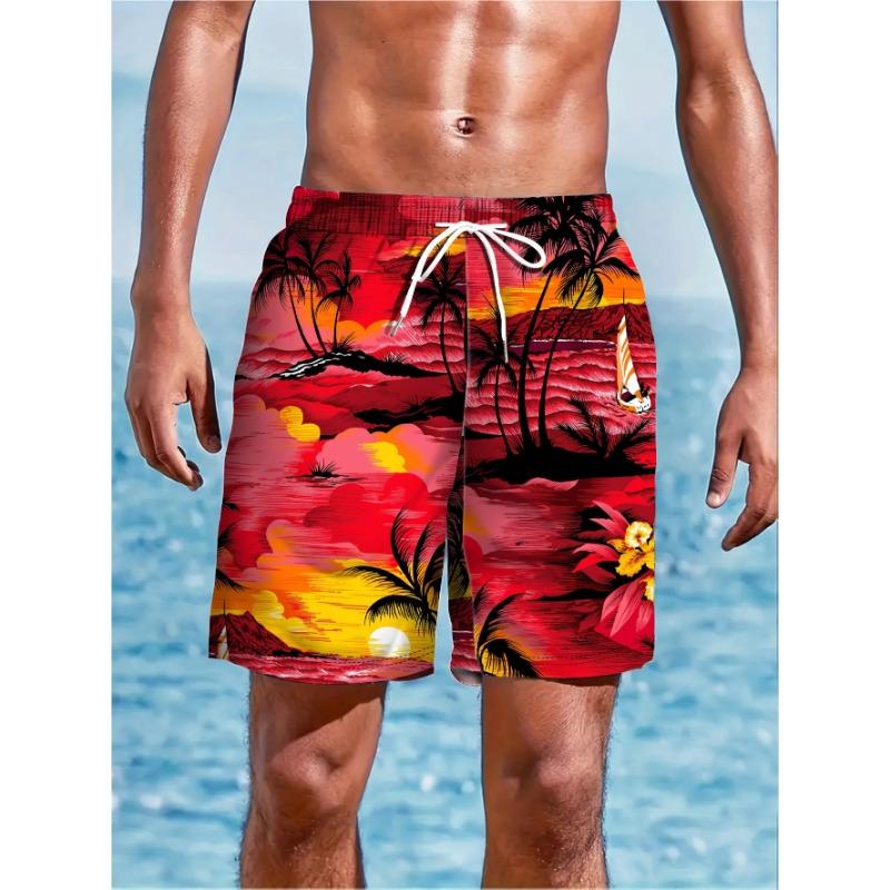 Men's board shorts, men's palm tree pattern beach shorts, drawstring swimming shorts, men's shorts swimwear, suitable for summer vacation beach pool