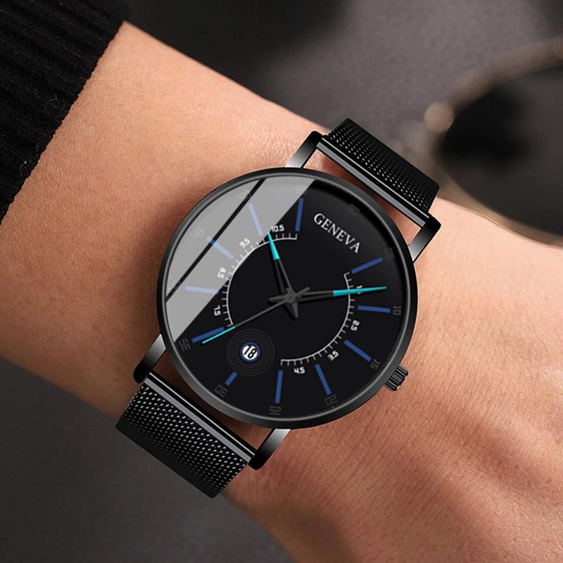 2ks/sada módních pánských obchodních hodinek se síťovaným řemínkem, quartzových hodinek, klasických kreativních kalendářních náramkových hodinek a náramku
