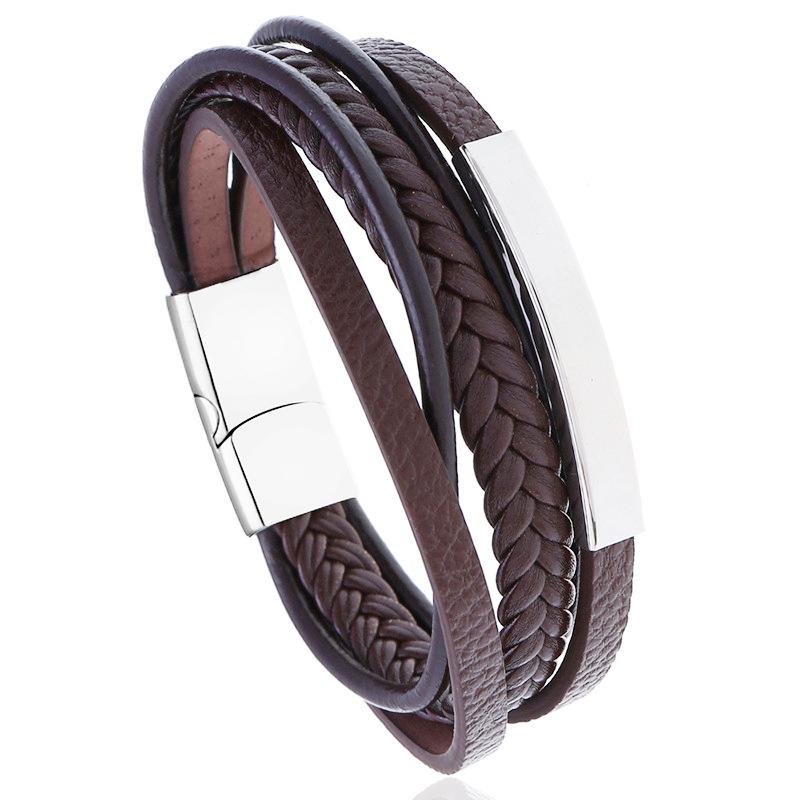 Stainless Steel  Leather Multi-layer Retro Bracelet with Titanium Accents