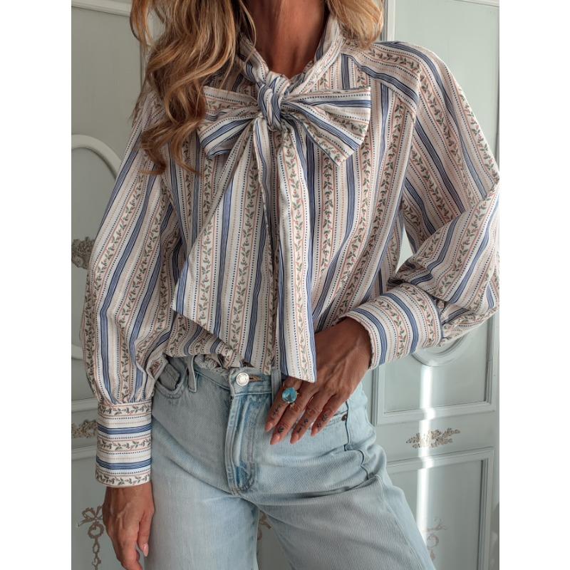 Womens Striped Printed Tie Neck Blouse Summer Fashion Vacation