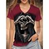 Summer V-neck 3D Skull Heart Graphic Printed Top Fashionable Casual Short Sleeved Women's T-shirts