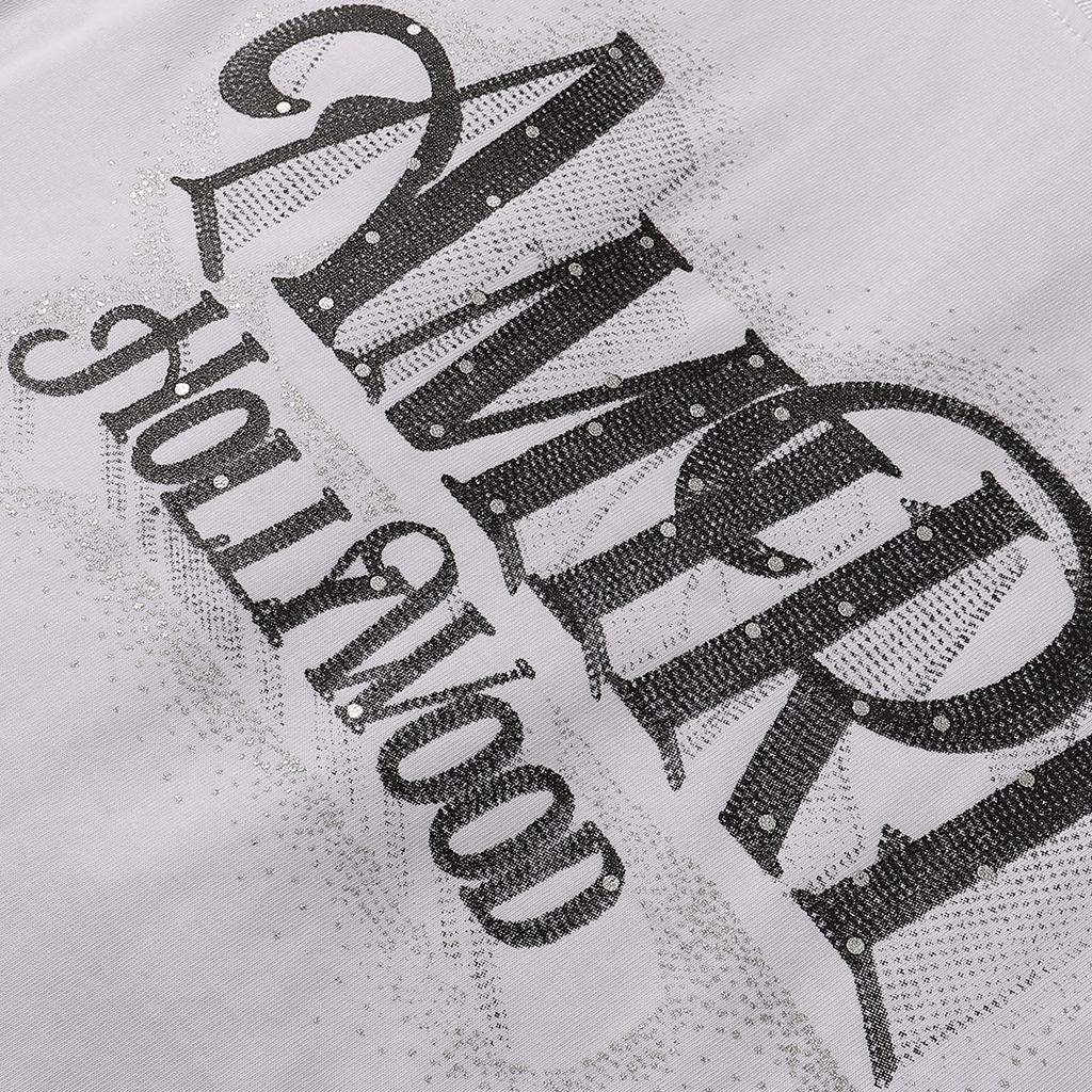 727 Amiri 2025 Letní Nové Pánské a Dámské Volné Vysoce Kvalitní Bavlněné Nadměrné Tričko Pár Tričko Horké stříbrné nápisy