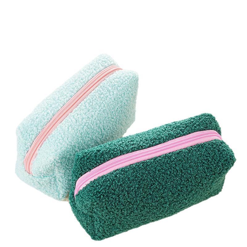 2026 Cute Zipper Plush Large Solid Color Cosmetic Bag Makeup Bag for Women Travel Make Up Toiletry Bag Washing Pouch Pen Pouch L