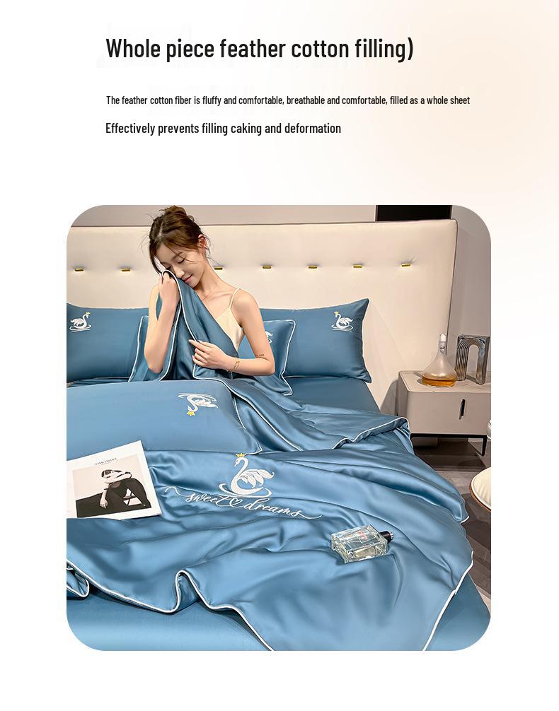 Embroidery Ice Silk Summer Quilt Set, Machine Washable, Luxury Bedding, Solid Color, Home Gift
