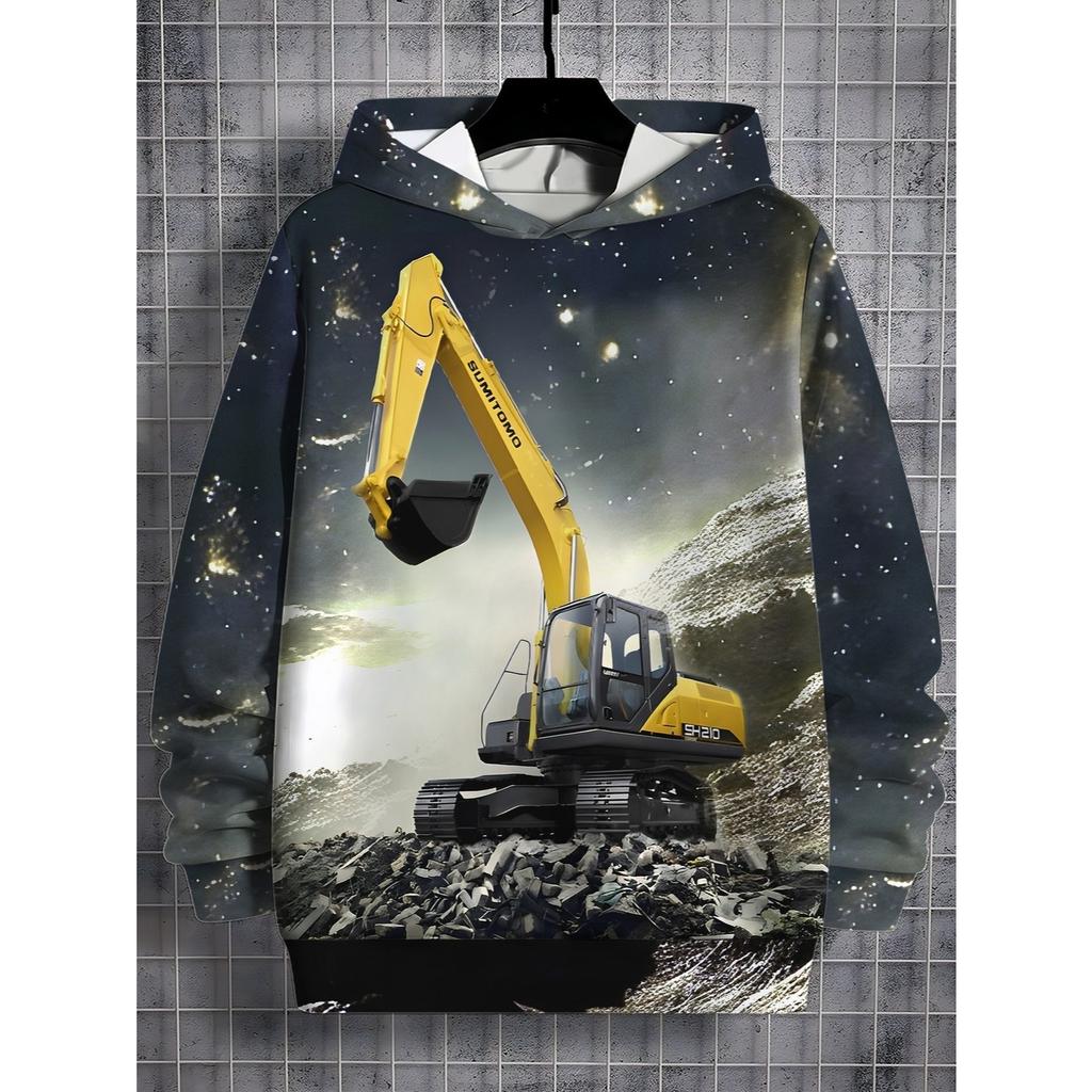 3D Digital Printing Engineering Style Yellow Excavator Pattern Hooded Sweatshirt Fashion Trend Casual Children's Clothing, Perfect Gift