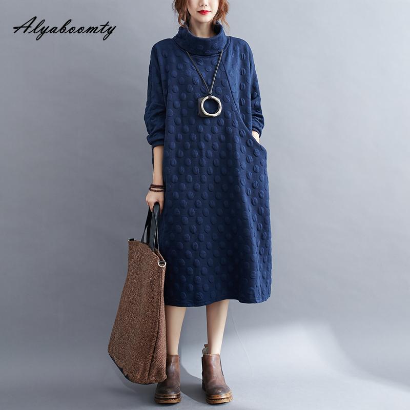 

Корейский стиль осень-зима женское свободное платье водолазка серое черное темно-синее платье в горошек повседневное свободное платье с длинным рукавом и карманами L темно-синий