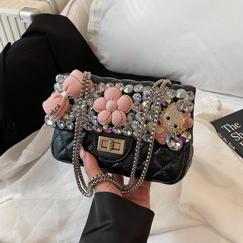 Cute Doll Toy Bag, Crossbody Bag, Elegant Diamond-encrusted French Check Small Bag