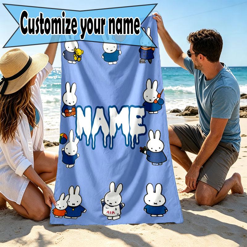 Custom Name Personalized Miffy Print Beach Towel, for Trip Camping Beach Party Home Decor, Birthday Gift for Family & Friends
