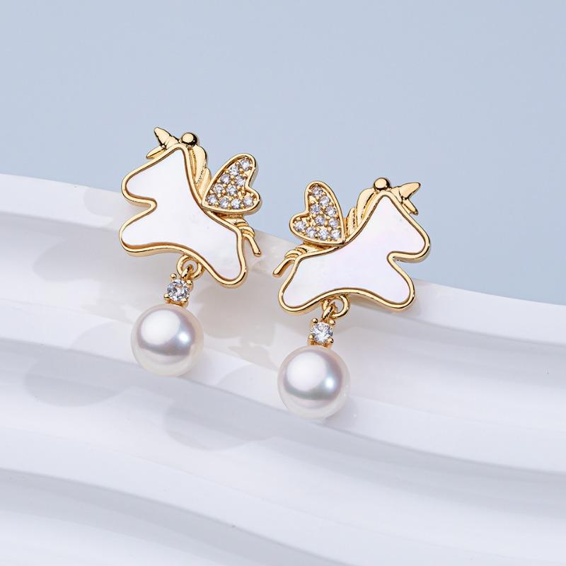 Natural Freshwater Pearl Stud Earrings S925 Sterling Silver Earrings Fritillary Zircon Pearl Earrings Light Luxury High Sense