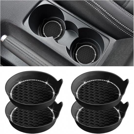 Bling Car Cup Holder Coaster, 4 Pack Universal Ert Coasters With Crystal Rhinestone, Silicone Non-Slip Shockproof Drink Mat, Car Interior Accessories