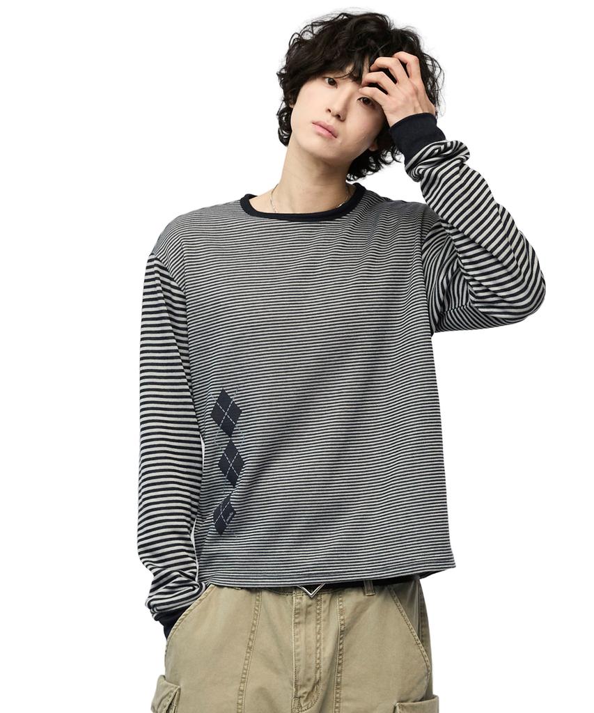 Mimdeowodeulobeu Argyle Panel Stripe Long Sleeve_Navy