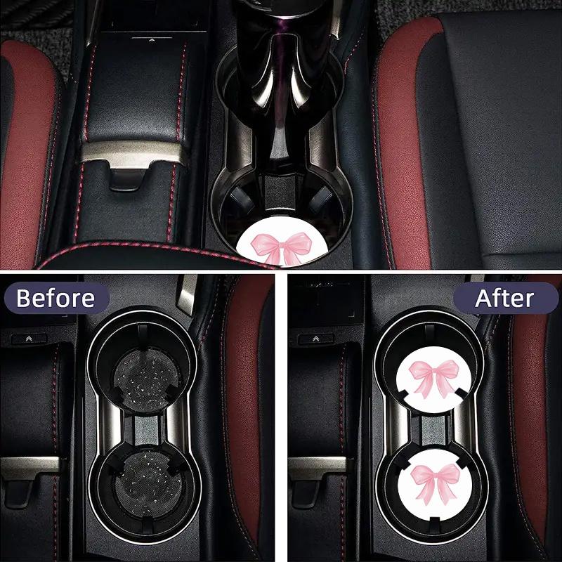 2pcs Non-Slip Pink Bow Pattern Vehicle-Mounted Cup Holder, Universal Cup Holder, Water Absorption Coasters, Car Interior Design Accessories