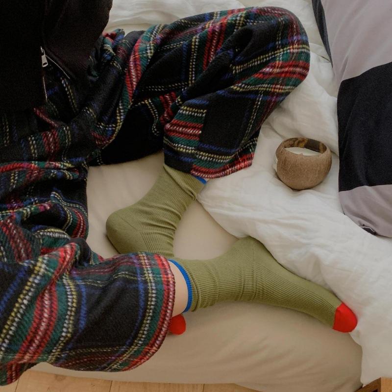 Socks Women'S Contrasting Color Trendy Socks Double Needle Pure Cotton Medium Tube Socks Drawing Casual Versatile Socks