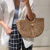 2025 new straw woven bag bag round bucket hollow papyrus woven bag Korean version casual portable women's bag hand-held crochet bag