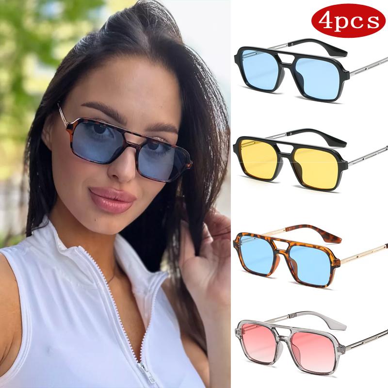 4pcs Fashion Small Frame Square Sunglasses Woman Luxury Colorful Design Fashion Sun Glasses Female Vintage Leopard Blue Oculos