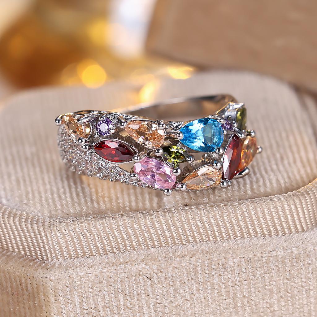 Charm Female Rainbow Zircon Stone Silver Color Wedding  Promise Love Engagement Rings For Women