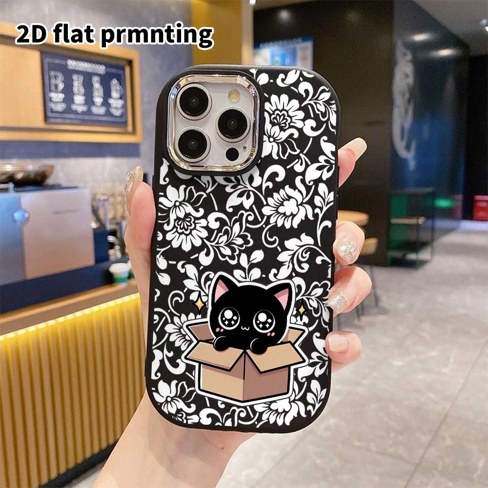Phone Case: 2D Flat Design Suitable for iPhone 18 17 16 15 14 13 Pro Protective Case, Couple Style, Little Black Cat On Cardboard, Christmas and Hallo