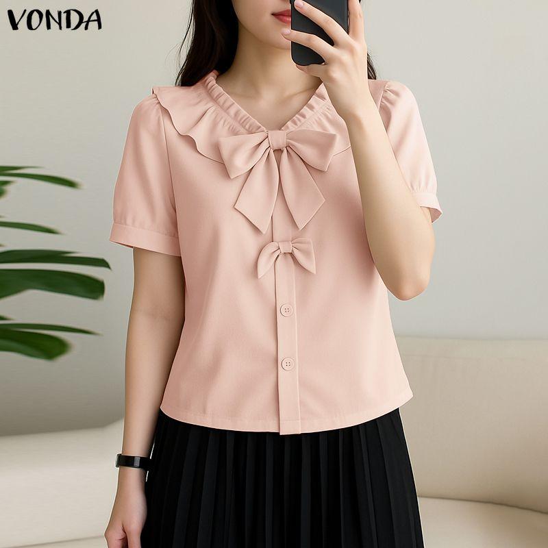 VONDA Women Lapel Neck Short Sleeve Buttons Bow Knot Casual Cropped Blouse Tops